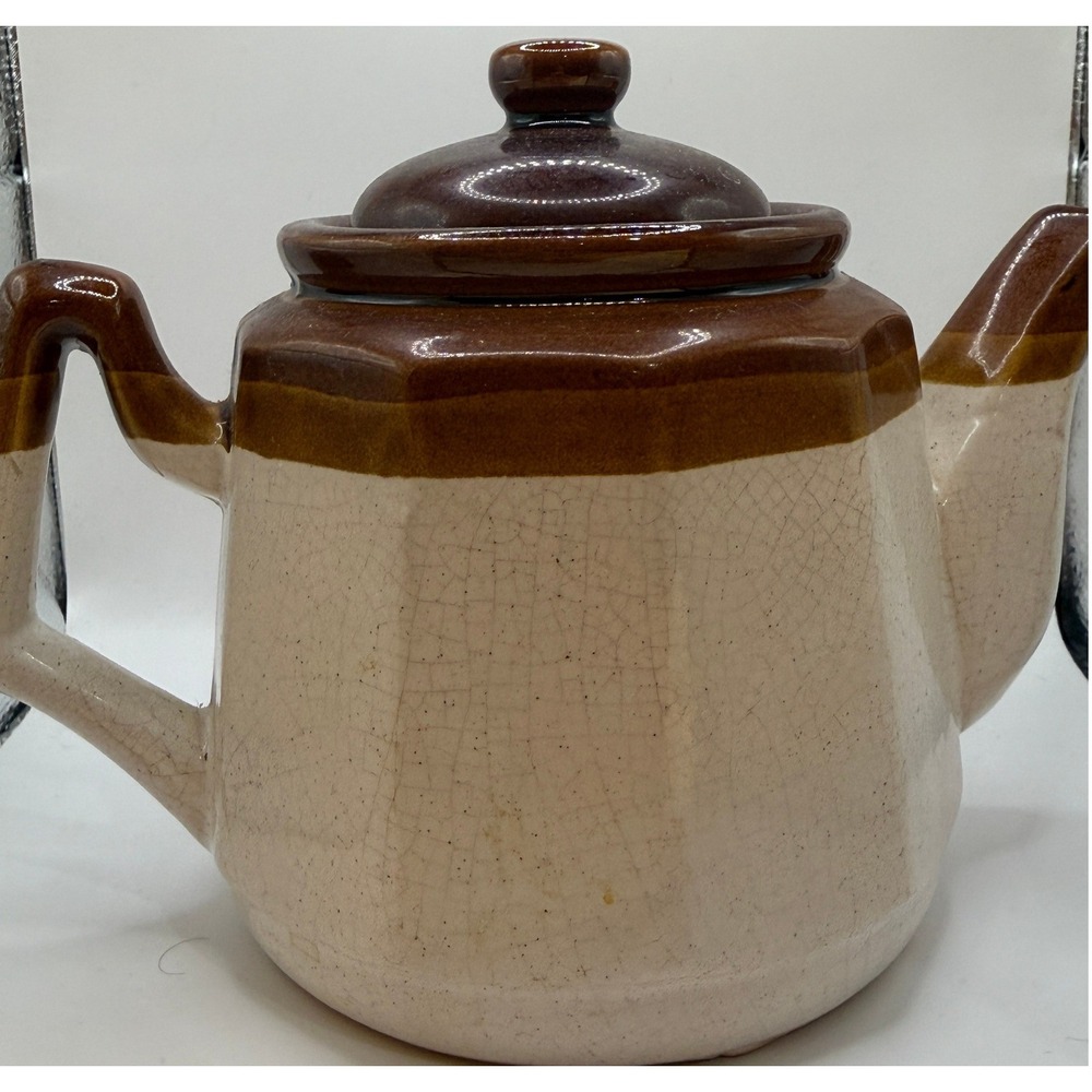 Vintage Tan and‎ Brown Stoneware Teapot with Notched Lid Made In Taiwan
